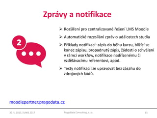 Zprávy a notifikace
15PragoData Consulting, s.r.o.30. 5. 2017, EUNIS 2017
 Rozšíření pro centralizované řešení LMS Moodle
 Automatické rozesílání zpráv o událostech studia
 Příklady notifikací: zápis do běhu kurzu, blížící se
konec zápisu, propadnutý zápis, žádosti o schválení
v rámci workfow, notifikace nadřízenému či
vzdělávacímu referentovi, apod.
 Texty notifikací lze upravovat bez zásahu do
zdrojových kódů.
moodlepartner.pragodata.cz
 