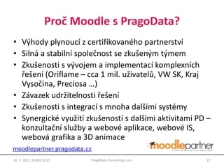 Proč Moodle s PragoData?
• Výhody plynoucí z certifikovaného partnerství
• Silná a stabilní společnost se zkušeným týmem
• Zkušenosti s vývojem a implementací komplexních
řešení (Oriflame – cca 1 mil. uživatelů, VW SK, Kraj
Vysočina, Preciosa …)
• Závazek udržitelnosti řešení
• Zkušenosti s integrací s mnoha dalšími systémy
• Synergické využití zkušeností s dalšími aktivitami PD –
konzultační služby a webové aplikace, webové IS,
webová grafika a 3D animace
1730. 5. 2017, EUNIS 2017 PragoData Consulting, s.r.o.
moodlepartner.pragodata.cz
 