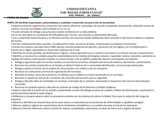 UNIDAD EDUCATIVA
FAB “RAFAEL PABON CUEVAS”
NIVEL PRIMARIO - SIE - 80980421
PERFIL DE SALIDA:
PERFIL DE SALIDAS (Capacidades, potencialidades y cualidades a desarrollar durante el año de escolaridad):
• Expresa oralmente experiencias y emociones de manera coherente y articulada, de acuerdo al propósito comunicativo, utilizando normas de
cortesía, recursos no verbales y para verbales en LC, LO, LE.
• Asume actitudes de diálogo y escucha para resolver problemas en su vida cotidiana
Lee en voz alta textos en cantidad de 60 a 84 palabras por minuto, con precisión y expresividad adecuada.
• Lee y comprende textos literarios y no literarios escritos con oraciones simples detectando ideas centrales e información explícita e implícita
del mismo.
• Escribe creativamente textos sencillos, considerando el orden, secuencia de ideas, el destinatario y propósito comunicativo.
• Conoce los números naturales hasta 1.000, además resuelve problemas de adicción, sustracción de tres dígitos y en la multiplicación y
división de un dígito, planteados en situaciones cotidianas de la vida.
• Identifica las rectas paralelas, perpendiculares y figuras, cuerpos geométricos y su simetría y las asocia a su entorno natural y arquitectónico.
• Identifica y reconoce las unidades pequeñas (submúltiplos) de las medidas de longitud, volumen, capacidad, sistema monetario, calendario en
medidas del sistema internacional, medidas no convencionales y de las NyPIOs empleando diversos instrumentos de medición.
 Dialoga y argumenta sobre las normas sociales y la convivencia armónica, evitando toda forma de violencia, dominación, sometimiento.
 Reconoce los cambios producidos en el tiempo y el devenir histórico de su comunidad identificando a los personajes destacados.
 Dialoga y explica la función de los medios de comunicación y los medios y vías de transporte.
 Reconoce las instituciones y formas de organización del municipio.
 Identifica las fechas cívicas de la provincia, los idiomas que se hablan y la música practicada en su municipio.
 Reconoce y respeta las normas de circulación vial, tomando precauciones para su seguridad.
 Dialoga y describe sobre las actividades en las ferias o mercados de su contexto, expresando la importancia del consumo de productos
nacionales.
 Reconoce los símbolos patrios y describe los sistemas de trabajo de las Naciones y Pueblos indígenas.
• Explora y describe la función de los sentidos, proponiendo a través del diálogo acciones de cuidado y hábitos de alimentación, propiciando el
autoconocimiento desde la salud integral.
• Reflexiona y recupera saberes sobre la convivencia armónica con los sistemas de vida en la Madre Tierra para la reducción del riesgo de
desastres.
• Observa e identifica las características de los seres vivos y su importancia en la prevención de enfermedades y equilibrio ecológico.
• Observa, explica y registra las características de los fenómenos atmosféricos y sus cambios durante el ciclo de las estaciones.
• Observa y formula inferencias sobre la noción de materia y propiedades, expresando sus ideas de forma oral y registro de datos.
 