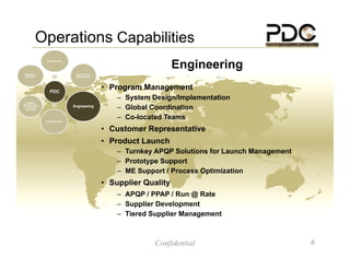 Operations Capabilities
                                                                     Engineering
                Manufacturing




Information                      Supply Chain
  Systems                        Management




                  PDC
                                                • Program Management
                                                    – System Design/Implementation
 Logistics,
Warehousing
and Material
 Handling                                           – Global Coordination
               Quality Systems
                                                    – Co-located Teams
                                                • Customer Representative
                                                • Product Launch
                                                    – Turnkey APQP Solutions for Launch Management
                                                    – Prototype Support
                                                    – ME Support / Process Optimization
                                                    pp           y
                                                • Supplier Quality
                                                    – APQP / PPAP / Run @ Rate
                                                    – Supplier Development
                                                    – Tiered Supplier Management



                                                              Confidential                           6
 