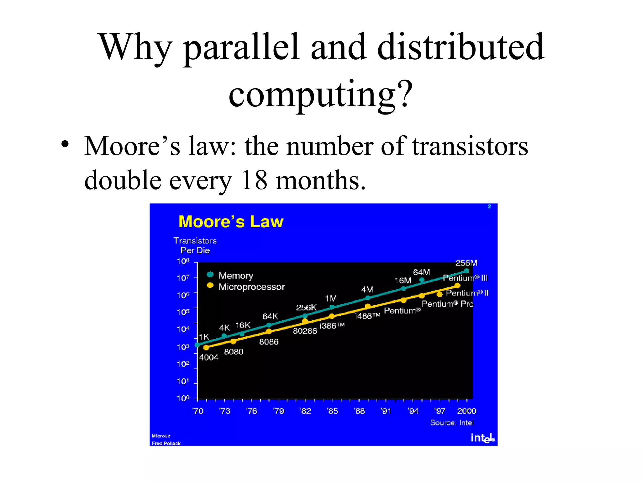 Why parallel and distributed
computing?
• Moore’s law: the number of transistors
double every 18 months.
 