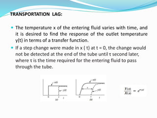 TRANSPORTATION LAG:
 The temperature x of the entering fluid varies with time, and
it is desired to find the response of the outlet temperature
y(t) in terms of a transfer function.
 If a step change were made in x ( t) at t = 0, the change would
not be detected at the end of the tube until τ second later,
where τ is the time required for the entering fluid to pass
through the tube.
 