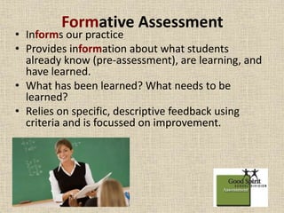Formative Assessment 
• Informs our practice 
• Provides information about what students 
already know (pre-assessment), are learning, and 
have learned. 
• What has been learned? What needs to be 
learned? 
• Relies on specific, descriptive feedback using 
criteria and is focussed on improvement. 
 