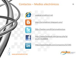 11
Company Proprietary and Confidential
www.prismadirect.net
Contactos – Medios electrónicos
www.prismadirect.net
http://p...