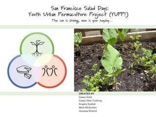 San Francisco Salad Days:
Youth Urban Permaculture Project (YUPP!)
         The sun is shining, now is your hayday....




                           CREATED BY
                           Casey Gold
                           Casey Otter Cushing
                           Angela Goebel
                           Mark McQuillen
                           Vanessa Roland
 