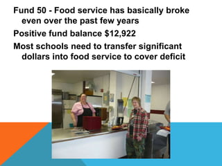 Fund 50 - Food service has basically broke
  even over the past few years
Positive fund balance $12,922
Most schools need ...