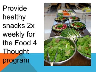 Provide
healthy
snacks 2x
weekly for
the Food 4
Thought
program
 