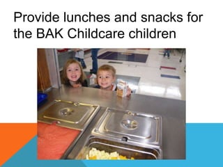 Fresh fruit
and
vegetable
grant-
$15,511
to use at
the BAK
school for
snacks 3x
weekly.
 
