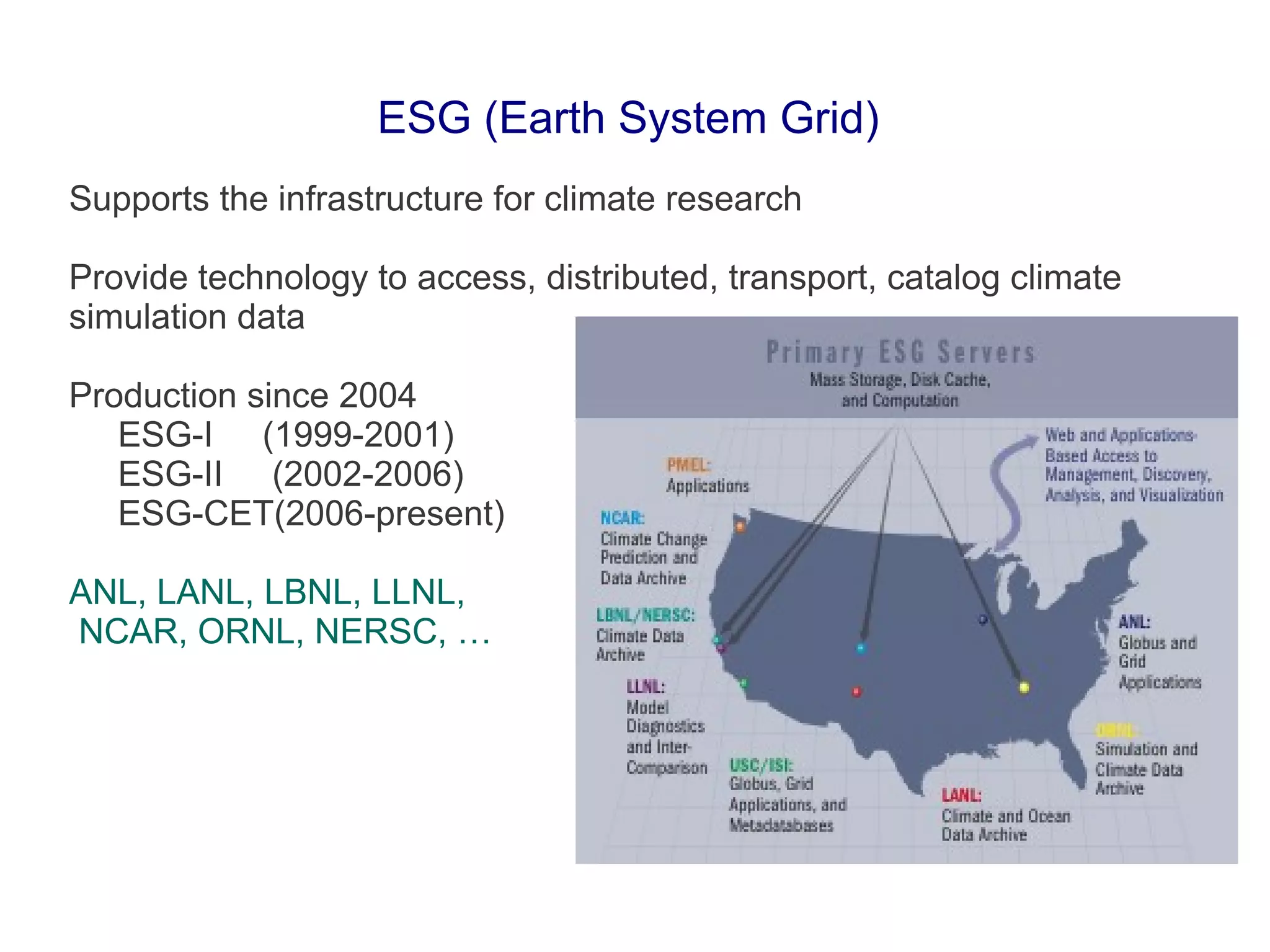 ESG (Earth System Grid)
Supports the infrastructure for climate research
Provide technology to access, distributed, transport, catalog climate
simulation data
Production since 2004
ESG-I (1999-2001)
ESG-II (2002-2006)
ESG-CET(2006-present)
ANL, LANL, LBNL, LLNL,
NCAR, ORNL, NERSC, …
 