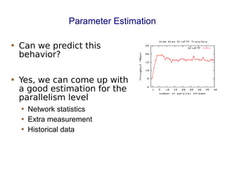 Parameter Estimation
 Can we predict this
behavior?
 Yes, we can come up with
a good estimation for the
parallelism level
 Network statistics
 Extra measurement
 Historical data
 