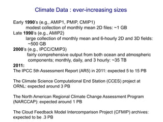 Climate Data : ever-increasing sizes
Early 1990’s (e.g., AMIP1, PMIP, CMIP1)
modest collection of monthly mean 2D files: ~1 GB
Late 1990’s (e.g., AMIP2)
large collection of monthly mean and 6-hourly 2D and 3D fields:
~500 GB
2000’s (e.g., IPCC/CMIP3)
fairly comprehensive output from both ocean and atmospheric
components; monthly, daily, and 3 hourly: ~35 TB
2011:
The IPCC 5th Assessment Report (AR5) in 2011: expected 5 to 15 PB
The Climate Science Computational End Station (CCES) project at
ORNL: expected around 3 PB
The North American Regional Climate Change Assessment Program
(NARCCAP): expected around 1 PB
The Cloud Feedback Model Intercomparison Project (CFMIP) archives:
expected to be .3 PB
 