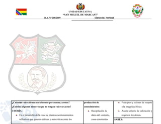 UNIDAD EDUCATIVA
“SAN MIGUEL DE MARCAVI”
R.A. Nº 208/2009 CÓDIGO SIE: 70470028
¿Cuántas raíces tienen un trinomio por sumas y restas?
¿Existirá algunos números que no tengan raíces exactas?
TEORÍA:
En el desarrollo de la clase se plantea cuestionamientos
reflexivos que generen críticas y autocriticas entre los
producción de
conocimientos:
Recopilación de
datos del contexto,
casas construidas
Principios y valores de respeto
a la integridad física.
Asume criterio de valoración y
respeto a los demás.
SABER:
 
