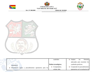 UNIDAD EDUCATIVA
“SAN MIGUEL DE MARCAVI”
R.A. Nº 208/2009 CÓDIGO SIE: 70470028
estudiantes.
Describimos reglas y procedimientos operatorios para los
cuadradas.
.
Medios tecnológicos:
Computadora,
celular, data
Emplea las fórmulas
adecuadas para encontrar los
cuadrados perfectos.
Comprende los procedimientos
operatorios en la resolución de
 