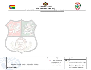 UNIDAD EDUCATIVA
“SAN MIGUEL DE MARCAVI”
R.A. Nº 208/2009 CÓDIGO SIE: 70470028
diferentes casos de sumas y restas en un trinomio.
VALORACIÓN:
Recurso tecnológico:
Videos formativos
relacionados a la
unidad temática.
ejercicios
HACER:
Realiza un solucionario de los
ejercicios planteados en el
texto y nuestros cuadernos
 