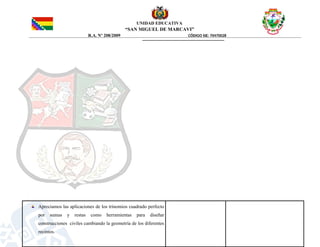 UNIDAD EDUCATIVA
“SAN MIGUEL DE MARCAVI”
R.A. Nº 208/2009 CÓDIGO SIE: 70470028
Apreciamos las aplicaciones de los trinomios cuadrado perfecto
por sumas y restas como herramientas para diseñar
construcciones civiles cambiando la geometría de los diferentes
recintos.
 