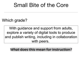 With guidance and support from adults,
explore a variety of digital tools to produce
and publish writing, including in collaboration
with peers.
Which grade?
Small Bite of the Core
 