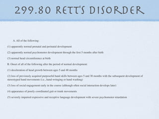 299.80 Rett's Disorder

     A. All of the following:

(1) apparently normal prenatal and perinatal development

(2) apparently normal psychomotor development through the ﬁrst 5 months after birth

(3) normal head circumference at birth

B. Onset of all of the following after the period of normal development:

(1) deceleration of head growth between ages 5 and 48 months

(2) loss of previously acquired purposeful hand skills between ages 5 and 30 months with the subsequent development of
stereotyped hand movements (i.e., hand-wringing or hand washing)

(3) loss of social engagement early in the course (although often social interaction develops later)

(4) appearance of poorly coordinated gait or trunk movements

(5) severely impaired expressive and receptive language development with severe psychomotor retardation
 