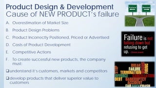 Product Design & Development
Cause of NEW PRODUCT’s failure
A. Overestimation of Market Size
B. Product Design Problems
C. Product Incorrectly Positioned, Priced or Advertised
D. Costs of Product Development
E. Competitive Actions
F. To create successful new products, the company
must:
understand it’s customers, markets and competitors
develop products that deliver superior value to
customers
 