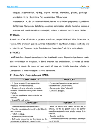PdD 2017-2021 ___
6
bàsquet, psicomotricitat, hip-hop, esport, música, informàtica, piscina, patinatge i
gimnàstica. Hi ha 18 monitors. Fan extraescolars 282 alumnes.
- Projecte PUNTAL: És un servei que forma part del Pla d’entorn que promou l’Ajuntament
de Manresa. Alumnes de Batxillerat, coordinats per mestres jubilats, fan reforç escolar, a
alumnes amb dificultats socioeconòmiques, 2 dies a la setmana de 4.30 a 6 a l’escola.
2.9 Lleure.
Aquest curs s’ha iniciat com a projecte embrionari, l’esplai MINUAIX dins del recinte de
l’escola. S’ha promogut que els alumnes de l’escola s’hi apuntessin. L’esplai és obert a tota
la ciutat. Horari: Dissabtes de 4 a 7 de la tarda a l’hivern i de 5 a 8 de la tarda a l’estiu.
2.10 AMPA
L’AMPA de l’escola participa activament en la vida del centre. Organitza i gestiona a través
d’un coordinador: el menjador, el servei matiner, les extraescolars, la venda de llibres
escolars, la venda de roses per sant Jordi, el casal de jornada intensiva i d’estiu, el
Carnestoltes, la festa de l’esport i la festa de l’escola.
2.11 Punts forts i febles del centre (DAFO).
OPORTUNITATS AMENACES
. El Departament d’Ensenyament i la
Inspecció recolzen el centre.
. Bona coordinació educativa entre els
diferents centres del barri (llars d’infants i
institut).
. L’escola gaudeix de bon nom entre les
famílies.
. Una AMPA molt activa.
. Poca dotació econòmica per part del
Departament d’Ensenyament.
. Canvis en les lleis d’educació.
. La manca d’espais.
FORTALESES DEBILITATS
. Experiència educativa dels docents.
. Voluntat expressa dels membres del Claustre
per formar-se.
. Treball en equip.
. Bona relació família-escola
. Solvència econòmica de la majoria de les
famílies en el pagament de les quotes.
. Falta de temps dins l’horari escolar per la
reflexió, per tal de poder acabar de perfilar
aspectes pedagògics que ajudin a crear línia
d’escola.
. Claustre nombrós.
. Creixement desmesurat de l’escola en l’espai
i en el temps.
 
