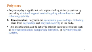 Polymers
• Polymers play a significant role in protein drug delivery systems by
providing structural support, controlling drug release kinetics, and
enhancing stability.
1. Encapsulation: Polymers can encapsulate protein drugs, protecting
them from degradation and enzymatic activity in the body.
• This encapsulation can be achieved through various techniques such
as microencapsulation, nanoparticle formation, or polymeric matrix
systems.
14
 