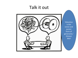 Talk it out
'Attention
is the
rarest and
purest
form of
generosity.’
Simone
Weil
 
