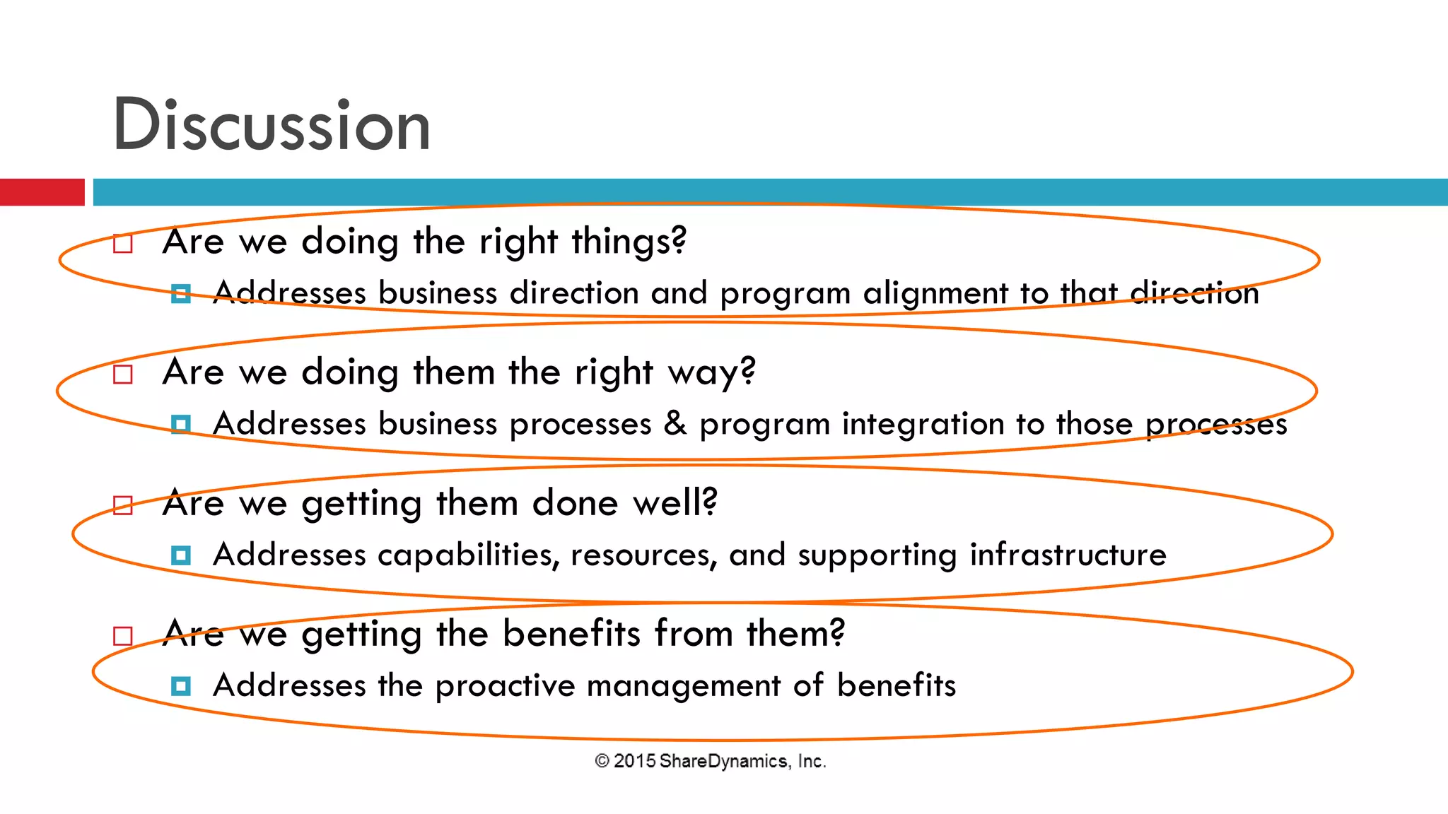Discussion
 Are we doing the right things?
 Addresses business direction and program alignment to that direction
 Are we doing them the right way?
 Addresses business processes & program integration to those processes
 Are we getting them done well?
 Addresses capabilities, resources, and supporting infrastructure
 Are we getting the benefits from them?
 Addresses the proactive management of benefits
 