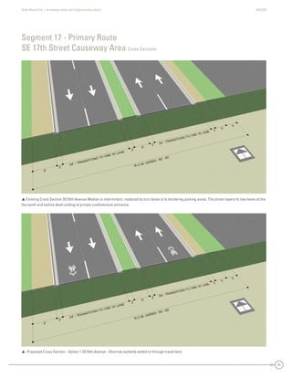 State Road A1A | Greenway Ideas and Opportunities Study AECOM
31
Segment 17 - Primary Route
SE 17th Street Causeway Area Cross Sections
 Existing Cross Section SE10th Avenue Median is intermittent, replaced by turn lanes in to bordering parking areas. The street tapers to two lanes at the
the south end before dead-ending at private condominium entrance.
 Proposed Cross Section - Option 1 SE10th Avenue - Sharrow symbols added to through travel lane.
 