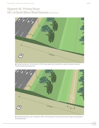 State Road A1A | Greenway Ideas and Opportunities Study AECOM
42
Segment 18 - Primary Route
US 1 at South Miami Road Gateway Cross Sections
 Existing Cross Section - US 1 Just North of I-595 - Grassy sloped area of varied width, a swale at the base of slope and
randomly spaced mature shade trees.
 Proposed Cross Section - US 1 Just North of I-595 - Trail working down from street level to base of slope, weaving between
existing shade trees.
 