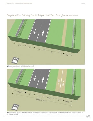 State Road A1A | Greenway Ideas and Opportunities Study AECOM
50
Segment 19 - Primary Route Airport and Port Everglades Cross Sections
 Existing Cross Section - NE 7th Avenue, North End
 Proposed Cross Section - NE 7th Avenue, North End - Off-street bike trail along east side of ROW. Varied width of ROW allows generous setbacks for
the trail from the road.
 