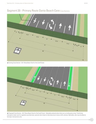 State Road A1A | Greenway Ideas and Opportunities Study AECOM
62
 Proposed Cross Section - US-1 Dania Beach South of the Cutoff Canal - Sidewalks widened where there are currently grass strips. Travel lanes
restriped to make room for regulation size bike lanes; optional color shown on bike lanes due to heavy trafﬁc volumes. Optionally, color may be added at
the major intersections only.
Segment 20 - Primary Route Dania Beach Core Cross Sections
 Existing Cross Section - US-1 Dania Beach South of the Cutoff Canal
 