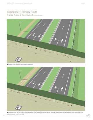 State Road A1A | Greenway Ideas and Opportunities Study AECOM
69
 Existing Cross Section - Dania Beach Boulevard
 Proposed Cross Section - Dania Beach Boulevard - Trail added to north side of road. Drainage modiﬁcations will be needed to avoid ﬂooding the trail
with stormwater runoff from road.
Segment 21 - Primary Route
Dania Beach Boulevard Cross Sections
 
