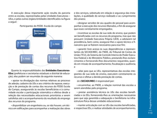 A execução dessa importante ação resulta da parceria
entre as escolas, representadas pelas Unidades Executoras –
UExs, e pelas outras órgãos/entidades identificados na figura
a seguir:
Participantes do PDDE- Escola do campo

e dos serviços, sobretudo em relação à segurança das instalações, à qualidade do serviço realizado e ao cumprimento
dos prazos;
• designar servidor de seu quadro de pessoal para acompanhar a execução dos recursos liberados, a fim de assegurar
que esses corretamente empregados;
• incentivar as escolas de sua rede de ensino, que podem
ser beneficiadas com os recursos do programa, mas que não
possuem Unidade Executora Própria (UEX), a adotarem tal
providência, bem como, assegurar-lhes o apoio técnico e financeiro que se fizerem necessários para esse fim;

Quanto às responsabilidades das Entidades ExecutorasEExs (prefeituras e secretarias estaduais e distrital de educação), elas podem ser resumidas da seguinte maneira:
• apoiar na divulgação das normas relativas ao processo
de adesão, cadastro da UEx e aos critérios de repasse, execução e de prestação de contas dos recursos do PDDE Escola
do Campo, assegurando às escolas beneficiárias e à comunidade escolar a participação sistemática e efetiva desde a
seleção das necessidades educacionais prioritárias a serem
satisfeitas até o acompanhamento do resultado do emprego
dos recursos do programa;
• disponibilizar um engenheiro ou, se não houver, um técnico em edificações para acompanhar a realização das obras

• zelar para que as UEx, representativas das escolas integrantes de sua rede de ensino, executem corretamente os
recursos e efetue a devida prestação de contas.
Já à SECADI/MEC é responsável por:
• encaminhar, ao FNDE, a relação nominal das escolas a
serem atendidas pelo programa;
• prestar assistência técnica às UEx das escolas beneficiadas e às EEx, fornecendo-lhes as orientações necessárias
para que seja garantida a adequação e benfeitoria na infraestrutura física dessas unidades educacionais;
• manter articulação com as UEx das escolas beneficiadas,
e respectivas EEx, e realizar atividades de acompanhamento,

Programa Dinheiro Direto na Escola

• garantir livre acesso às suas dependências a representantes da SECADI/MEC, do FNDE, do Tribunal de Contas da
União (TCU), do Sistema de Controle Interno do Poder Executivo Federal e do Ministério Público, prestando-lhes esclarecimentos e fornecendo-lhes documentos requeridos, quando em missão de acompanhamento, fiscalização e auditoria;
e

113

 