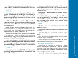 a) SEB/MEC
• definir, juntamente com a Secretaria de Políticas Culturais (SPC) do Ministério da Cultura (Minc), e encaminhar, ao
FNDE, para divulgação no site www.fnde.gov.br, a lista das
escolas passíveis de serem contempladas com os recursos de
que trata esta Resolução;
• validar com a SPC/Minc, nos termos do § 3° do art. 3º, os
Planos de Atividade Cultural da Escola elaborados pelas UEx
e aprovados pelas prefeituras municipais, secretarias distrital
ou estaduais (EEx);
• enviar, ao FNDE, para fins de liberação dos recursos previstos no caput do art. 1º, a relação nominal das escolas que
tiveram seus Planos de Atividade Cultural da Escola aprovados e validados, nos termos do § 3° do art. 3º;
• prestar assistência técnica às UEx das escolas referidas
na alínea anterior e às EEx, fornecendo-lhes as orientações
necessárias para que seja assegurado o desenvolvimento de
atividades do Mais Cultura nas Escolas;
• manter articulação com as UEx das escolas beneficiadas,
e respectivas EEx, e realizar atividades de acompanhamento,
de maneira a garantir a boa e regular aplicação dos recursos
em favor das aludidas unidades escolares e o cumprimento
das metas preestabelecidas.
b) SPC/MinC
• definir, juntamente com a SEB/MEC, a lista das escolas
passíveis de serem contempladas com os recursos de que
trata esta Resolução;

•validar com a SEB/MEC, nos termos do § 3° do art. 3º, os
Planos de Atividade Cultural da Escola elaborados pelas UEx
e aprovados pelas prefeituras municipais, secretarias distrital
ou estaduais (EEx);
• acompanhar o desenvolvimento das ações do Mais Cultura nas Escolas;
• mobilizar artistas, grupos culturais formais e informais,
espaços culturais diversos, equipamentos públicos, centros
culturais, bibliotecas públicas, pontos de cultura, praças, parques, museus e cinemas para que firmem parcerias com as
escolas contempladas.
c) FNDE
• divulgar a lista das escolas beneficiadas em seu site
(www.fnde.gov.br);
• disponibilizar os sistemas que favorecerão a execução do
programa;
• aprovar resolução que regulamente a execução do programa;
• abrir as contas correntes e efetuar as transferências de
recursos às escolas beneficiadas;
• recepcionar, por meio de sistema específico (PC online),
as prestações de contas e promover suas avaliações.
d) Unidades Executoras (UExs)
• encaminhar, por intermédio do SIMEC, à EEx à qual se
vinculam as escolas que representam, o Plano de Atividade
Cultural da Escola, elaborado conjuntamente com as iniciativas culturais parceiras, para serem contempladas com os
recursos de que trata esta resolução;
• fornecer às iniciativas culturais parceiras informações so-

Programa Dinheiro Direto na Escola

Em relação a esses entes que estão envolvidos com a execução do Mais Cultura, abaixo identificamos suas principais
responsabilidades:

121

 