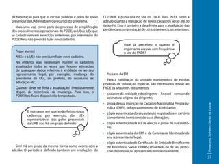 Mais uma vez, como parte do processo de simplificação
dos procedimentos operacionais do PDDE, as UEx e UEx que
se cadastraram em exercícios anteriores, por intermédio do
PDDEWeb, não precisão fazer novo cadastro.
Fique atento!
A EEx e a UEx não precisam fazer novo cadastro.
No entanto, elas necessitam manter os cadastros
atualizados todas as vezes que houver alterações
de quaisquer dados relativos à entidade ou ao seu
representante legal, por exemplo:, mudança do
presidente da UEx, do prefeito, do secretário de
educação etc.
Quando deve ser feita a atualização? Imediatamente
depois da ocorrência da mudança. Para isso, o
PDDEWeb ficará disponível o tempo todo.

E nos casos em que serão feitos novos
cadastros, por exemplo, das UEx
representativas dos polos presenciais
da UAB, não há um prazo definido?

CD/FNDE e publicada no site do FNDE. Para 2013, tanto a
adesão quanto a realização de novos cadastros serão até 30
de junho. Essa é também a data limite para a atualização das
pendências com prestação de contas de exercícios anteriores.

Você já percebeu o quanto é
importante acessar com frequência
o site do FNDE?

No caso da EM
Para a habilitação da unidade mantenedora de escolas
privadas de educação especial, são necessários enviar ao
FNDE os seguintes documentos:
•	 cadastro da entidade e do dirigente – Anexo I – constando
assinatura original do dirigente;
•	 prova de sua inscrição no Cadastro Nacional da Pessoa Jurídica (CNPJ), pelo prazo mínimo de 3(três) anos;
•	 cópia autenticada do seu estatuto registrado em cartório
competente, bem como de suas alterações;
•	 cópia autenticada da ata de eleição e posse de sua diretoria;
•	 cópia autenticada do CPF e da Carteira de Identidade de
seu representante legal;

Sim! Há um prazo da mesma forma como ocorre com a
adesão. O período é definido também em resoluções do

•	 cópia autenticada do Certificado de Entidade Beneficente
de Assistência Social (CEBAS) atualizado ou de seu protocolo de renovação apresentado tempestivamente;

Programa Dinheiro Direto na Escola

de habilitação para que as escolas públicas e polos de apoio
presencial da UAB recebam os recursos do programa.

37

 