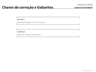 Módulo PDDE
Chaves de correção e Gabaritos                                Caderno de atividades




        Atividade 7
        Gabarito de correção: a) F; b) V; c) V; d) F; e) V.




        Atividade 8
        Gabarito de correção: custeio; capital.




                                                                      Formação pela Escola
 