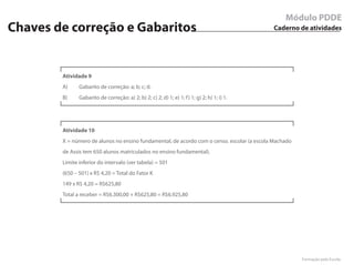 Módulo PDDE
Chaves de correção e Gabaritos                                                                Caderno de atividades




        Atividade 9
        A)     Gabarito de correção: a; b; c; d.
        B)     Gabarito de correção: a) 2; b) 2; c) 2; d) 1; e) 1; f ) 1; g) 2; h) 1; i) 1.




        Atividade 10
        X = número de alunos no ensino fundamental, de acordo com o censo. escolar (a escola Machado
        de Assis tem 650 alunos matriculados no ensino fundamental).
        Limite inferior do intervalo (ver tabela) = 501
        (650 – 501) x R$ 4,20 = Total do Fator K
        149 x R$ 4,20 = R$625,80
        Total a receber = R$6.300,00 + R$625,80 = R$6.925,80




                                                                                                       Formação pela Escola
 