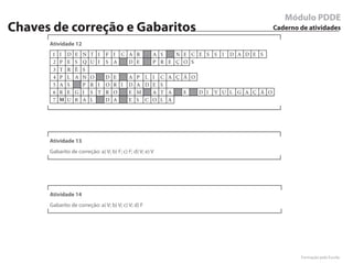Módulo PDDE
Chaves de correção e Gabaritos                                                           Caderno de atividades

      Atividade 12
       1   I   D   E N   T I    F I C A R              A S   N E C E S S I   D A D E S
       2   P   E   S Q   U I    S A   D E              P R E Ç O S
       3   T   R   Ê S
       4   P   L   A N   O      D   E      A   P L I C A Ç Ã O
       5   A   S     P   R I    O   R I    D   A D E S
       6   R   E   G I   S T    R   O      E   M   A T A   E   D I     V U L G A Ç Ã O
       7   M   U   R A   L      D   A      E   S C O L A




      Atividade 13
      Gabarito de correção: a) V; b) F; c) F; d) V; e) V




      Atividade 14
      Gabarito de correção: a) V; b) V; c) V; d) F




                                                                                                 Formação pela Escola
 