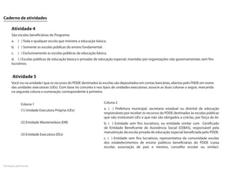 Caderno de atividades

      Atividade 4
      São escolas beneficiárias do Programa:
      a.   ( ) Toda e qualquer escola que ministre a educação básica.
      b. ( ) Somente as escolas públicas do ensino fundamental.
      c.   ( ) Exclusivamente as escolas públicas da educação básica.
      d. ( ) Escolas públicas de educação básica e privadas de educação especial, mantidas por organizações não governamentais sem fins
      lucrativos.


       Atividade 5
      Você viu na unidade I que os recursos do PDDE destinados às escolas são depositados em contas bancárias, abertas pelo FNDE em nome
      das unidades executoras (UEx). Com base no conceito e nos tipos de unidades executoras, associe as duas colunas a seguir, marcando
      na segunda coluna a numeração correspondente à primeira:


              Coluna 1                                             Coluna 2

              (1) Unidade Executora Própria (UEx)                  a. ( ) Prefeitura municipal, secretaria estadual ou distrital de educação
                                                                   responsáveis por receber os recursos do PDDE destinados às escolas públicas
                                                                   que não instituíram UEx e que não são obrigados a criá-las, por força da lei.
              (2) Entidade Mantenedora (EM)                        b. ( ) Entidade sem fins lucrativos, ou entidade similar com Certificado
                                                                   de Entidade Beneficente de Assistência Social (CEBAS), responsável pela
                                                                   manutenção da escola privada de educação especial beneficiada pelo PDDE.
              (3) Entidade Executora (EEx)
                                                                   c. ( ) Entidade sem fins lucrativos, representativa da comunidade escolar
                                                                   dos estabelecimentos de ensino públicos beneficiárias do PDDE (caixa
                                                                   escolar, associação de pais e mestres, conselho escolar ou similar).




Formação pela Escola
 