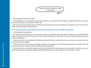 Mas será que esta operação é muito
                                                                                              complicada?




                                       Essa operação também não é difícil!
                                       A consolidação se resume apenas à transcrição de dados e ao preenchimento de alguns campos do formulário, com umas
                                     poucas contas de somar e de subtrair, e nada mais.
                                       Mas antes de ver essa tarefa, vamos conversar sobre a prestação de contas da prefeitura em relação aos recursos que ela re-
                                     cebeu para a Escola Maria Clara Machado.

                                     3.9.4. Examinando a prestação de contas da prefeitura como unidade executora
                                       a) Escola Maria Clara Machado
                                        Já sabemos que as prefeituras ou as secretaria estaduais ou distrital de educação, quando recebem recursos do PDDE refe-
                                     rentes às escolas com até 50 alunos sem UEx, atuam como Entidades Executoras (EEx). É o caso da prefeitura do exemplo que
                                     estamos trabalhando.
                                        Vimos que, em 2011, a Escola Maria Clara Machado possuía 20 alunos matriculados no turno matutino, e a prefeitura, por ser
                                     a sua EEx, recebeu R$ 580,00.
Programa Dinheiro Direto na Escola




                                        A EEx passou mais de dois meses sem utilizar o dinheiro, por isso aplicou-o na caderneta de poupança, que rendeu R$ 25,00.
                                     Esse valor, somado ao repasse recebido do PDDE, totalizou R$ 605,00.
                                        Com esses recursos, a prefeitura adquiriu, para a Escola Maria Clara, fantasias para uma peça teatral e contratou serviço de
                                     pintura de parede de salas de aula, totalizando R$ 450,00 de despesas, o que resultou em um saldo de R$ 155,00.




131
 