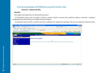 b) As funcionalidades do PDDEweb nos perfis de EEx e UEx:
                                          		         Anexo IA – Cadastro de UEx.
                                          Atenção:
                                          Essa opção está disponível, nos dois perfis de acesso:
                                        - A Escola/UEx acessa com seu Login e Senha; o sistema mostra a mesma tela, conforme abaixo, e permite o cadastro/
                                     atualização das informações da Unidade Executora Própria;
                                          - No perfil de acesso da EEx o sistema permite a realização do cadastro de qualquer UEx de sua respectiva rede de ensino.
Programa Dinheiro Direto na Escola




51
 