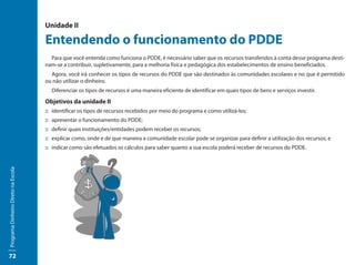 Unidade II

                                     Entendendo o funcionamento do PDDE
                                       Para que você entenda como funciona o PDDE, é necessário saber que os recursos transferidos à conta desse programa desti-
                                     nam-se a contribuir, supletivamente, para a melhoria física e pedagógica dos estabelecimentos de ensino beneficiados.
                                       Agora, você irá conhecer os tipos de recursos do PDDE que são destinados às comunidades escolares e no que é permitido
                                     ou não utilizar o dinheiro.
                                       Diferenciar os tipos de recursos é uma maneira eficiente de identificar em quais tipos de bens e serviços investir.
                                     Objetivos da unidade II
                                     ::	identificar os tipos de recursos recebidos por meio do programa e como utilizá-los;
                                     :: apresentar o funcionamento do PDDE;
                                     ::	definir quais instituições/entidades podem receber os recursos;
                                     ::	explicar como, onde e de que maneira a comunidade escolar pode se organizar para definir a utilização dos recursos; e
                                     ::	indicar como são efetuados os cálculos para saber quanto a sua escola poderá receber de recursos do PDDE.
Programa Dinheiro Direto na Escola




72
 