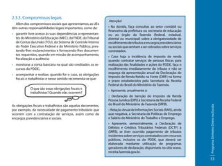 Além dos compromissos sociais que apresentamos, as UEx
têm outras responsabilidades legais importantes, como de:
•	 garantir livre acesso às suas dependências a representantes do Ministério da Educação (MEC), do FNDE, do Tribunal
de Contas da União (TCU), do Sistema de Controle Interno
do Poder Executivo Federal e do Ministério Público, prestando-lhes esclarecimentos e fornecendo-lhes documentos requeridos, quando em missão de acompanhamento,
fiscalização e auditoria;
•	 monitorar a conta bancária na qual são creditados os recursos do PDDE;.
•	 acompanhar e realizar, quando for o caso, as obrigações
fiscais e trabalhistas e nesse sentido recomenda-se que:
O que são essas obrigações fiscais e
trabalhistas? Quando elas ocorrem?

As obrigações fiscais e trabalhistas são aquelas decorrentes,
por exemplo, da necessidade de pagamento tributário que
ocorrem com a contratação de serviços, assim como de
encargos previdenciários e sociais.

Atenção!
• Na dúvida, faça consultas ao setor contábil ou
financeiro da prefeitura ou secretaria de educação
ou ao órgão da fazenda (federal, estadual,
distrital ou municipal) sobre a obrigatoriedade de
recolhimento de tributos e encargos previdenciários
ou sociais que venham a ser cobrados sobre serviços
contratados.
• Caso haja a incidência de imposto de renda
quando contratar serviços de pessoas físicas para
realização das finalidades e ações do PDDE, faça o
recolhimento imediatamente do tributo e não se
esqueça da apresentação anual da Declaração do
Imposto de Renda Retido na Fonte (DIRF) na forma
e prazo estabelecidos pela Secretaria da Receita
Federal do Brasil do Ministério da Fazenda.
• Apresente, anualmente a:
:: Declaração de Isenção do Imposto de Renda
Pessoa Jurídica (DIPJ) à Secretaria da Receita Federal
do Brasil do Ministério da Fazenda (SRFB).
:: Relação Anual de Informações Sociais (RAIS), ainda
que negativa, a Secretaria de Políticas de Emprego
e Salário do Ministério do Trabalho e Emprego.
• Apresente, semestralmente, a Declaração de
Débitos e Créditos Tributários Federais (DCTF) à
(SRFB), se tiver ocorrido pagamento de tributos
incidentes sobre serviços contratados com recursos
públicos, inclusive os do PDDE, que deverá ser
elaborada mediante utilização de programas
geradores de declaração, disponíveis no sítio www.
receita.fazenda.gov.br.

Programa Dinheiro Direto na Escola

2.3.3. Compromissos legais

53

 