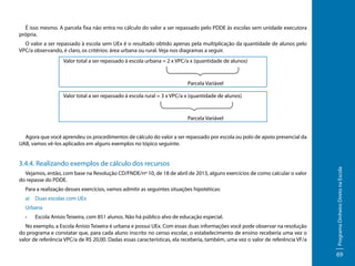 É isso mesmo. A parcela fixa não entra no cálculo do valor a ser repassado pelo PDDE às escolas sem unidade executora
própria.
O valor a ser repassado à escola sem UEx é o resultado obtido apenas pela multiplicação da quantidade de alunos pelo
VPC/a observando, é claro, os critérios: área urbana ou rural. Veja nos diagramas a seguir.
Valor total a ser repassado à escola urbana = 2 x VPC/a x (quantidade de alunos)

Parcela Variável
Valor total a ser repassado à escola rural = 3 x VPC/a x (quantidade de alunos)

Parcela Variável

3.4.4. Realizando exemplos de cálculo dos recursos
Vejamos, então, com base na Resolução CD/FNDE/nº 10, de 18 de abril de 2013, alguns exercícios de como calcular o valor
do repasse do PDDE.
Para a realização desses exercícios, vamos admitir as seguintes situações hipotéticas:
a)	 Duas escolas com UEx
Urbana
•	

Escola Anísio Teixeira, com 851 alunos. Não há público alvo de educação especial.

No exemplo, a Escola Anísio Teixeira é urbana e possui UEx. Com essas duas informações você pode observar na resolução
do programa e constatar que, para cada aluno inscrito no censo escolar, o estabelecimento de ensino receberia uma vez o
valor de referência VPC/a de R$ 20,00. Dadas essas características, ela receberia, também, uma vez o valor de referência VF/a

Programa Dinheiro Direto na Escola

Agora que você aprendeu os procedimentos de cálculo do valor a ser repassado por escola ou polo de apoio presencial da
UAB, vamos vê-los aplicados em alguns exemplos no tópico seguinte.

69

 