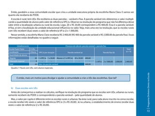 Então, parabéns a essa comunidade escolar que criou a unidade executora própria da escolinha Maria Clara. E vamos ver
quanto ela receberia do PDDE.
A escola é rural, tem UEx. Ela receberia as duas parcelas – variável e fixa. A parcela variável nós obteremos o valor multiplicando a quantidade de alunos pelo valor de referência VPC/a. Observe na resolução do programa que não há diferença desse
valor entre a localização urbana ou rural da escola. Logo, 20 x R$ 20,00 correspondem a R$ 400,00. Essa é a parcela variável.
A fixa, aí sim a localização da unidade educacional influencia no valor. Veja, mais uma vez na resolução, que as escolas rurais
com UEx recebem duas vezes o valor de referência VF/a (2 x 1.000,00).
Nesse sentido, a escolinha Maria Clara receberia R$ 2.400,00 (R$ 400 da parcela variável e R$ 2.000,00 da parcela fixa). Essas
informações estão detalhadas no quadro a seguir.
Detalhamento

Processo de cálculo: parcela variável + parcela fixa

Escola Paulo Freire

C/UEx

Localização

Urbana

VPC/a por situação

Parcela variável (a)

Total
(a + b)

Parcela fixa (b)

Quantidade de alunos
Regular

20 1 x VPC/a 1 x 20,00

Educação especial
Total

0

-

Alunos x (1 x VPC/a)

20 x 20,00

-

-

-

20 Valor da parcela variável

400,00
-

1 x VF/a

2 x 1000,00

2.000,00

2.400,00

400,00

E então, mais um motivo para divulgar e ajudar a comunidade a criar a UEx das escolinhas. Que tal?

b)	 Duas escolas sem UEx
Antes de começarmos a realizar os cálculos, verifique na resolução do programa que as escolas sem UEx, urbanas ou rurais,
somente recebem do PDDE o correspondente a parcela variável – pela quantidade de alunos.
Mas, o valor per capita é diferente entre as escolas rurais e urbanas. Na área rural, para cada aluno inscrito no censo escolar,
a escola recebe três vezes o valor de referência VPC/a (3 x R$ 20,00). Já na urbana, o estabelecimento de ensino recebe duas
vezes o valor de referência (2 x R$ 20,00).

Programa Dinheiro Direto na Escola

Quadro 7: Rural com UEx, sem alunos especiais.

72

 