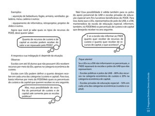 Exemplos:
:: aquisição de bebedouro, fogão, armário, ventilador, geladeira, mesa, cadeira e outros;
:: equipamento de informática, retroprojetor, projetor de
slides e outros.
Agora que você já sabe quais os tipos de recursos do
PDDE, deve querer saber:
Quanto de recursos de custeio e de
capital as escolas podem receber do
valor a ser repassado pelo PDDE?

Não! Essa possibilidade é válida também para os polos
do apoio presencial da UAB e escolas privadas de educação especial sem fins lucrativos beneficiárias do PDDE. Para
isso, basta que a UEx, representativa do polo da UAB, e a EM,
mantenedora da escola de educação especial, informem,
também, no PDDEWeb os percentuais de custeio e de capital
que desejarão receber no ano seguinte.
E se a escola não informar ao FNDE
quanto quer receber de recursos de
custeio e quanto quer receber de recursos de capital, o que acontece?

A resposta a sua indagação é: depende da situação.
Fique atento!

Observe:

Se a UEx ou a EM não informarem os percentuais, o
FNDE repassará às escolas e polos da UAB que elas
representam:

Escolas com UEx podem definir o quanto desejam receber em cada uma das categorias (custeio e capital). Para isso,
basta informar por meio do PDDEWeb quais os percentuais
de custeio e de capital que querem receber no ano seguinte.

:: Escolas públicas e polos da UAB – 80% dos recursos na categoria econômica de custeio e 20% na
categoria econômica de capital.

Mas, essa possibilidade de escolha do percentual de custeio e de
capital vale somente para as escolas
públicas?

:: Escolas privadas de educação especial – 50% em
cada uma das categorias econômicas (custeio e capital).

Programa Dinheiro Direto na Escola

Escolas com até 50 alunos que não possuem UEx recebem
recursos por meio da EEx, apenas na categoria econômica de
custeio.

59

 