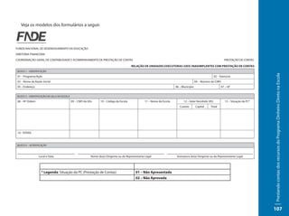 Veja os modelos dos formulários a seguir.




FUNDO NACIONAL DE DESENVOLVIMENTO DA EDUCAÇÃO
DIRETORIA FINANCEIRA
COORDENAÇÃO-GERAL DE CONTABILIDADE E ACOMPANHAMENTO DE PRESTAÇÃO DE CONTAS                                                                                          PRESTAÇÃO DE CONTAS

                                                                                            RELAÇÃO DE UNIDADES EXECUTORAS (UEX) INADIMPLENTES COM PRESTAÇÃO DE CONTAS
 BLOCO 1 – IDENTIFICAÇÃO




                                                                                                                                                                                            Prestando contas dos recursos do Programa Dinheiro Direto na Escola
 01 – Programa/Ação                                                                                                                                         02 – Exercício
 03 – Nome da Razão Social                                                                                                                  04 – Número do CNPJ
 05 – Endereço                                                                                                             06 – Município                         07 – UF


 BLOCO 2 – IDENTIFICAÇÃO DA UEx E DA ESCOLA

 08 – Nº Ordem                                09 – CNPJ da UEx      10 – Código da Escola            11 – Nome da Escola         12 – Valor Recebido (R$)            13 – Situação da PC*
                                                                                                                              Custeio       Capital    Total




 14 - TOTAIS



 BLOCO 4 – AUTENTICAÇÃO



                  Local e Data                               Nome do(a) Dirigente ou do Representante Legal                 Assinatura do(a) Dirigente ou do Representante Legal




                    * Legenda: Situação da PC (Prestação de Contas)                            01 – Não Apresentada
                                                                                               02 – Não Aprovada




                                                                                                                                                                                            107
 