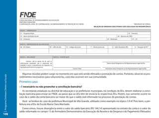 FUNDO NACIONAL DE DESENVOLVIMENTO DA EDUCAÇÃO
                                     DIRETORIA FINANCEIRA
                                     COORDENAÇÃO-GERAL DE CONTABILIDADE E ACOMPANHAMENTO DE PRESTAÇÃO DE CONTAS                                                                                    PRESTAÇÃO DE CONTAS
                                                                                                                                      RELAÇÃO DE UNIDADES EXECUTORAS (UEX) EXCLUIDAS DA INADIMPLÊNCIA

                                      BLOCO 1 – IDENTIFICAÇÃO

                                      01 – Programa/Ação                                                                                                                                   02 – Exercício
                                      03 – Nome da Razão Social                                                                                                            04 – Número do CNPJ
                                      05 – Endereço                                                                                                       06 – Município                         07 – UF


                                      BLOCO 2 – IDENTIFICAÇÃO DA UEx E DA ESCOLA

                                      08 – Nº Ordem                                09 – CNPJ da UEx      10 – Código da Escola    11 – Nome da Escola           12 – Valor Recebido (R$)            13 – Situação da PC*




                                      BLOCO 5 – DECLARAÇÃO                              BLOCO 6 - AUTENTICAÇÃO


                                               Declaro, sob as penas da lei, que as
                                      informações prestadas são a expressão da                                                                            Nome do(a) Dirigente ou do Representante Legal da EEx
                                      verdade e visam o atendimento do disposto na
                                      legislação pertinente ao programa.
                                                                                                                   Local e Data                         Assinatura do(a) Dirigente ou do Representante Legal da EEx


                                       Algumas dúvidas podem surgir no momento em que está sendo efetuada a prestação de contas. Portanto, observe os pro-
Programa Dinheiro Direto na Escola




                                     cedimentos necessários para solucioná-las, caso elas ocorram em sua comunidade.
                                     Primeiro caso
                                     :: É necessário ou não preencher a conciliação bancária?
                                        As secretarias estaduais ou distrital de educação e as prefeituras municipais, na condição de EEx, devem elaborar a conci-
                                     liação bancária para enviar ao FNDE, ao passo que as UEx têm de enviá-la às respectivas EEx. Porém, isso somente ocorre no
                                     caso de o saldo da conta bancária ser maior do que o saldo real informado no processo de prestação de contas.
                                        Você se lembra do caso da prefeitura Municipal de Vila Grande, utilizado como exemplo no tópico 3.9.4? Pois bem, a pre-
                                     feitura era a EEx da Escola Maria Clara Machado.
                                        Como vimos, houve divergência entre o valor do saldo bancário (R$ 144,14) apresentado no extrato da conta e o valor do
                                     saldo informado no campo 15 do formulário Demonstrativo da Execução da Receita e da Despesa e de Pagamento Efetuados
108
 