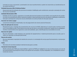 concretas em que se encontram, aumentando com esse reconhecimento o poder de conservá-las ou transformá-las em
  seu próprio benefício.]”.
Entidade Executora (EEx) (Prefeitura/Seduc)
  Responsável pela formalização dos processos de adesão e habilitação, pelo recebimento, execução e prestação de contas
  dos recursos transferidos.
Entidade Mantenedora (EM)
  Entidade sem fins lucrativos, registrada no Conselho Nacional de Assistência Social (CNAS) como beneficente de assistên-
  cia social, ou de atendimento direto e gratuito ao público, responsável pelo processo de adesão e habilitação, recebimento,
  execução e prestação de contas dos recursos destinados às escolas privadas de educação especial.
Inscrever em restos a pagar
  Lançamento de despesas empenhadas, mas não pagas dentro do mesmo exercício financeiro.
Plano de aplicação de recursos
  Planejamento para o emprego dos investimentos dos recursos do PDDE, elaborado em conjunto pelos membros da UEx
  com a comunidade escolar e local (diretor da escola, pais de alunos, funcionários, professores, equipe técnico-pedagógica,
  membros representativos dos segmentos sociais da localidade), após a identificação das necessidades da escola.
Recursos de capital
  Recursos destinados a cobrir despesas com aquisição de equipamentos e material permanente para as escolas, que re-
  sultem em reposição ou elevação patrimonial.
Recurso de custeio
  Recursos destinados à aquisição de materiais de consumo e à contratação de serviços para funcionamento e manutenção
  da escola.
Seduc
  Abreviatura de secretaria estadual e distrital de educação ou similar.
Tomada de Contas Especial
  Medida adotada pelo FNDE para responsabilizar o gestor do PDDE por negligência ou mau uso dos recursos, em caso de




                                                                                                                                Glossário
  não-apresentação da prestação de contas ou de ajustes de incorreções, no prazo estipulado, com a finalidade de ressarci-
  mento dos recursos.

                                                                                                                                135
 
