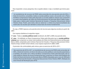 Para responder a essas perguntas, leia o quadro abaixo e veja a novidade que temos para
                                     você:

                                         As transferências de recursos do PDDE serão acrescidas de uma parcela extra de 50%, a
                                        título de incentivo, concedida a todas as escolas públicas rurais e, de acordo com o Plano
                                        de Metas Compromisso Todos pela educação, às escolas públicas urbanas que cumprirem
                                        as metas intermediárias do Índice de Desenvolvimento da Educação Básica (Ideb) estipu-
                                        ladas para o biênio pelo Instituto Nacional de Estudos e Pesquisas Educacionais Anísio
                                        Teixeira (Inep). Porém, para tanto, deve-se observar o critério da proporcionalidade das
                                        matrículas nas escolas que atendam as duas fases do ensino fundamental.


                                       Ou seja, o PDDE repassou uma parcela extra de recursos para algumas escolas já a partir de
                                     2007.
                                       Esse repasse obedeceu às seguintes regras:
                                     1ª caso – Todas as escolas públicas rurais receberam, de 2007 a 2009, essa parcela extra.
                                     2ª caso – Foi definido no Plano Compromisso Todos pela Educação que as escolas públicas
                                     urbanas que cumpriram as metas intermediárias do Índice de Desenvolvimento da Educação
                                     Básica (Ideb), estipuladas pelo Instituto Nacional de Estudos e Pesquisas Educacionais Anísio
                                     Teixeira (Inep), também teriam direito a esse repasse especial em 2008 e 2009.
Programa Dinheiro Direto na Escola




                                       A previsão é de continuidade, pelo menos, para os exercícios de 2010 e 2011.

                                         Nos exercícios de 2010 e 2011, as transferências de recursos do PDDE serão acrescidas de
                                        50%, a título de incentivo, em favor de todas as escolas públicas rurais da educação básica,
                                        e também, de acordo com o Plano de Metas “Compromisso Todos pela Educação”, das es-
                                        colas públicas urbanas do ensino fundamental que cumpriram as metas intermediárias do
                                        Índice de Desenvolvimento da Educação Básica (IDEB) estipuladas para o ano de 2009 pelo
                                        Instituto Nacional de Estudos e Pesquisas Educacionais Anísio Teixeira (INEP). (Redação da
                                        nova minuta de Resolução para 2010).



54
 