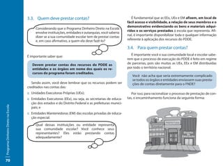 3.3. Quem deve prestar contas?                                         É fundamental que as EEx, UEx e EM afixem, em local de
                                                                                                         fácil acesso e visibilidade, a relação de seus membros e o
                                                                                                         demonstrativo evidenciando os bens e materiais adqui-
                                          Considerando que o Programa Dinheiro Direto na Escola
                                                                                                         ridos e os serviços prestados à escola que representa. Afi-
                                          envolve instituições, entidades e autarquias, você saberia
                                          dizer se a sua comunidade escolar tem de prestar contas        nal, é importante disponibilizar toda e qualquer informação
                                          e, em caso afirmativo, a quem ela deve fazê-lo?                referente à aplicação dos recursos do PDDE.

                                                                                                         3.4. Para quem prestar contas?
                                     É importante saber que:                                               É importante você e sua comunidade local e escolar sabe-
                                                                                                         rem que o processo de execução do PDDE é feito em regime
                                        Devem prestar contas dos recursos do PDDE as                     de parcerias, pois são muitas as UEx, EEx e EM distribuídas
                                        entidades e os órgãos em nome dos quais os re-                   por todo o território nacional.
                                        cursos do programa foram creditados.
                                                                                                            Você não acha que seria extremamente complicado
                                                                                                            se todos os órgãos e entidades enviassem suas presta-
                                        Sendo assim, você deve lembrar que os recursos podem ser            ções de contas diretamente para o FNDE?
                                     creditados nas contas das:
                                     :: Unidades Executoras Próprias (UEx);                                 Por isso, para racionalizar o processo de prestação de con-
                                     :: Entidades Executoras (EEx), ou seja, as secretarias de educa-    tas, o encaminhamento funciona da seguinte forma:
                                        ção dos estados e do Distrito Federal e as prefeituras munici-
Programa Dinheiro Direto na Escola




                                        pais; e
                                     :: Entidades Mantenedoras (EM) das escolas privadas de educa-
                                        ção especial.

                                          Qual dessas instituições ou entidade representa
                                          sua comunidade escolar? Você conhece seus
                                          representantes? Eles estão prestando contas
                                          adequadamente?




70
 